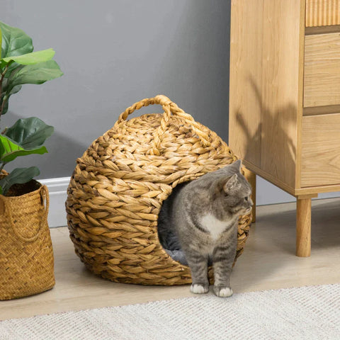 Rootz Cat Cave - Rattan Cat House - Water Hyacinth Grass with Handle - Natural - 41cm x 38cm x 41cm