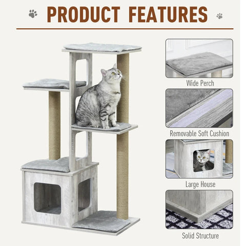 Rootz Cat Tree Scratching Post - Gray - Engineered Wood, Jute, Plush - 26.38cm x 15.16cm x 44.88cm