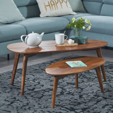 Rootz design coffee table set of 2 solid sheesham wood living room table brown - nesting table wooden table kidney shape coffee table - 2-piece placemat- side table- wood