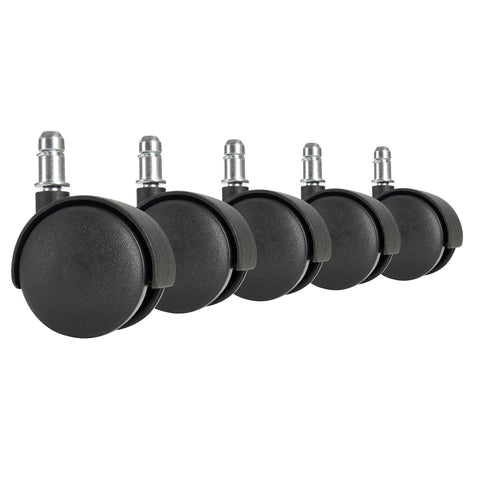Rootz Set mit 5 hochwertigen schwarzen Bürostuhlrollen – Leichtgängiger Hartboden – 11 mm Stift – 50 mm Durchmesser – Lenkrollen für Hartböden