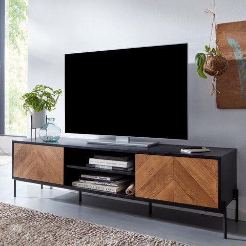 Rootz TV Stand - Lowboard - TV Dresser with Two Doors - Modern Design TV Cabinet - Living Room Black Wood - Oak Decor - 163x45x40 cm