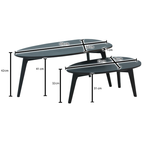 Rootz Design Couchtisch 2er Set Mango Massivholz Wohnzimmertisch schwarz – Satztisch Holztisch Nierenförmiger Couchtisch – 2-teiliges Tischset – Beistelltisch – Holz 