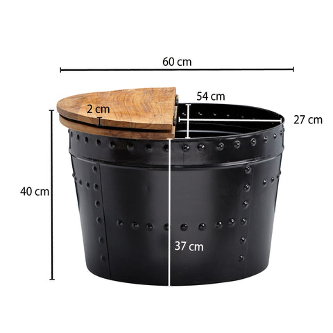 Rootz Industrieller runder Couchtisch – Mangoholz und Metall – Schwarz – Design-Wohnzimmertisch mit Stauraum – Moderner Loungetisch – 60 x 40 x 60 cm