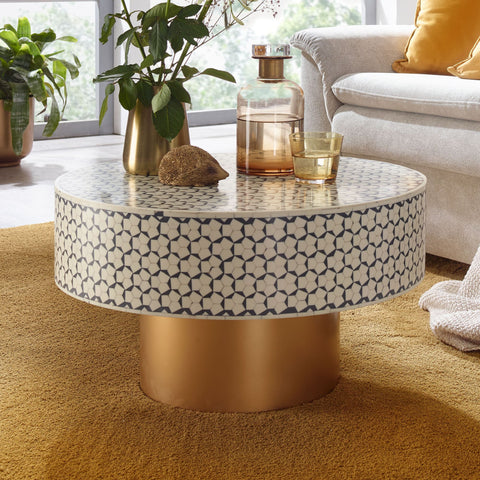 Rootz White Synthetic Resin Coffee Table - Gold Metal Base - Modern Design - Round Living Room Side Table - Small Coffee Table - 60x60x35 cm