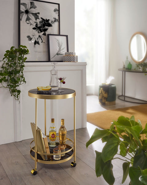 Rootz Trolley - 2 Levels - Side Table on Castors with Glass Top - Black Dining Car - Kitchen and Tea Trolley - Gold - Round - 45cm