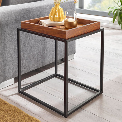 Rootz side table 40x40x50 cm solid sheesham wood - metal sofa table modern - Tray table- living room table- coffee table- solid - Small table removable tray - Square coffee table