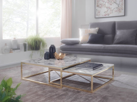 Rootz Couchtisch – 2er-Set, weißes Marmor-Optik-Design – goldenes Metallgestell – moderne Satztische für elegantes Wohnzimmer