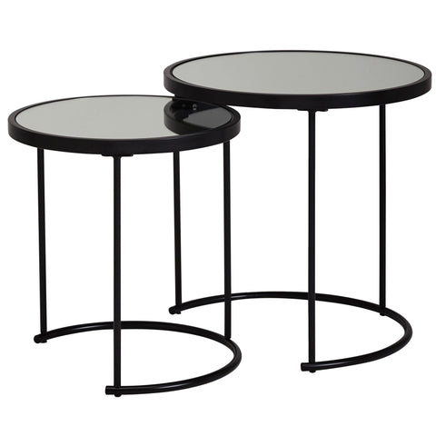 Rundes Beistelltisch-Set von Rootz – schwarzes Spiegelglas – Wohnzimmer-Satztisch – verspiegelter Couchtisch (2er-Set) – 50–42 cm 