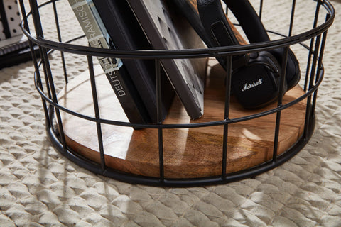 Rootz Bijzettafel - Marmeren Blad Hout-Metalen Mand - Rond Design met Opbergruimte - Moderne Zwarte Woonkamertafel - Bijzettafel - 38x38x50 cm