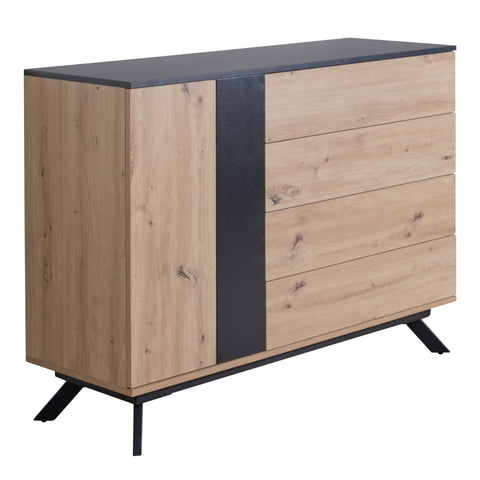 Rootz Sideboard - Oak Decor - Black MDF - 4-Drawer Chest of Drawers - Modern Hall Cabinet with Door - Floor Standing Cabinet with Metal Legs - 110x87x40 cm