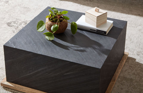 Rootz Salontafel - Modern Vierkant Design Woonkamertafel - Salontafel met stenen blad - Salontafel voor Woonkamer - Antraciet Mango Massief Hout - 65x65x30 cm 