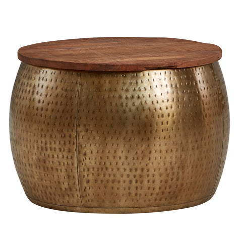 Rootz Round Coffee Table - Storage Space - Removable Top - Modern Design - Gold - Mango Wood & Metal - 60x60x40 cm