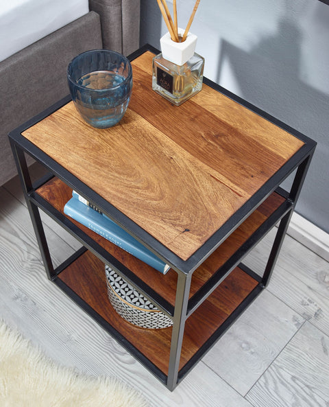 Rootz Bedside Table - High Side Table with Shelf - Design Nightstand for Box Spring Bed - Industrial Coffee Table with Storage - Sheesham Wood - Metal - 40x50x35 cm