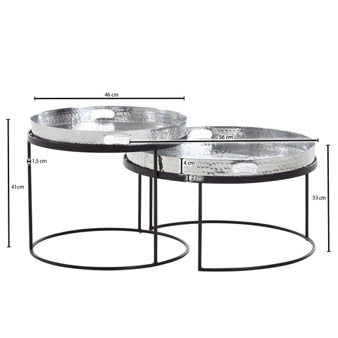 Runder Beistelltisch von Rootz – Set mit 2 Satztischen aus silber-schwarzem Metall mit Hammerschlag-Finish – runder Couchtisch mit abnehmbarem Tablett – moderner 2-teiliger Sofatisch mit Tablett