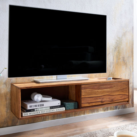 Rootz TV Cabinet with Storage - Hanging Lowboard - Solid Sheesham Wood - Modern Design - Wall-mounted TV Stand - 108x25x34 cm