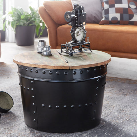 Rootz Industrieller runder Couchtisch – Mangoholz und Metall – Schwarz – Design-Wohnzimmertisch mit Stauraum – Moderner Loungetisch – 60 x 40 x 60 cm