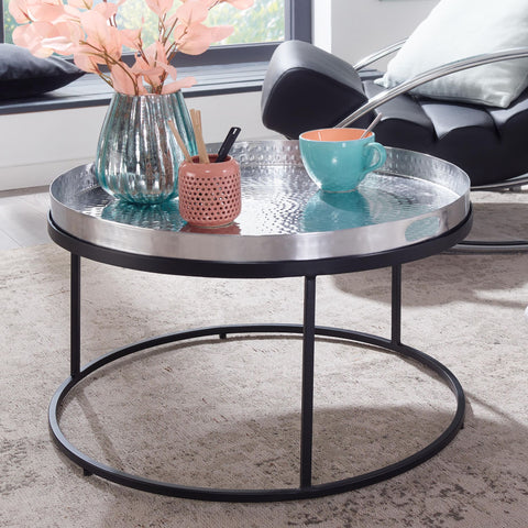Rootz Coffee Table - Silver & Black Aluminum - Removable Round Tray - Modern Design - Hammered Metal - 62x62x36 cm