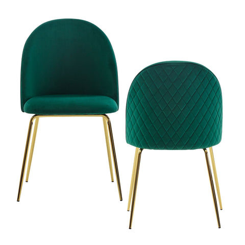 Rootz Dining Chair - Set of 2 Velvet Green Upholstered - Kitchen Chair with Golden Legs - Scandinavian Shell Chair - Upholstered Chair with Velvet Cover