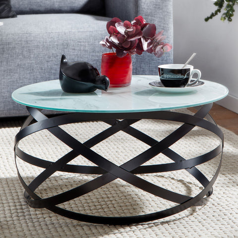 Rootz Glass Coffee Table - Round Marble Look White - Metal Frame - Modern Small Side Table - 60x60x30 cm