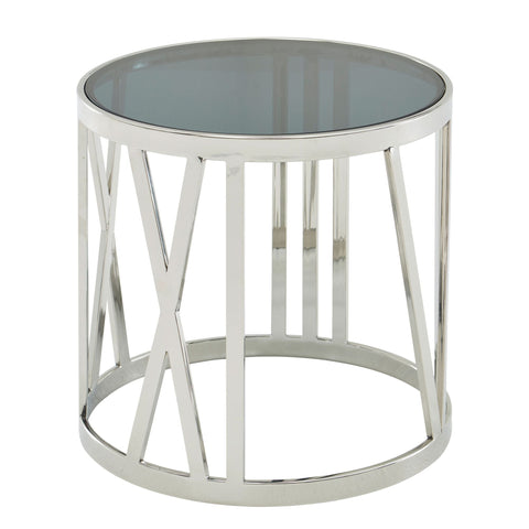 Rootz Side Table - Glass Top - Round Small Coffee Table - Modern Living Room Accent - Silver Metal - 45x45x44 cm
