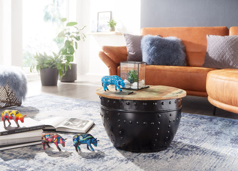 Rootz Industrieller runder Couchtisch – Mangoholz und Metall – Schwarz – Design-Wohnzimmertisch mit Stauraum – Moderner Lounge-Sofatisch – 60 x 36 x 60 cm 