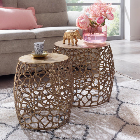 Rootz Nesting Tables - Round Metal Design - Set of 2 Gold Aluminum - Modern Living Room Coffee Table with Branch Structure