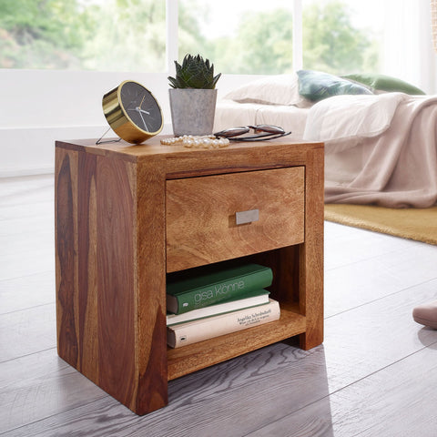 Rootz Bedside Table - Solid Sheesham Wood - Brown Nightstand with Drawer and Storage Compartment - Country Style Real Wood Bedside Cabinet - 40 x 40 x 30 cm