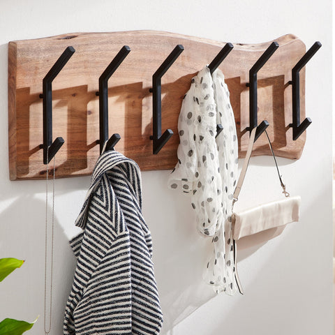 Rootz Coat Rack - Acacia Solid Wood with Metal - Wall-Mounted Hook Rail - Wood Hall Coat Rack - 100x29x12.5cm