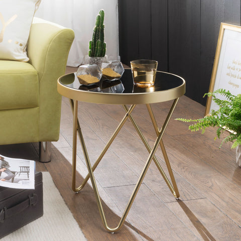 Rootz Side Table - Designer Glass - Round Black-Matt Gold - Metal Frame - Small Coffee Table