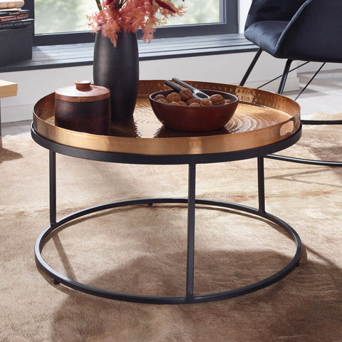Rootz Coffee Table - Hammered Metal - Gold & Black Aluminum - Removable Round Tray - Modern Design - 62x62x36 cm