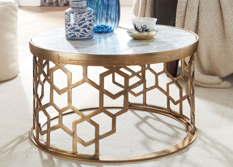 Rootz Couchtisch – Goldmetall-Design – runder Wohnzimmertisch – moderner kleiner Couchtisch – Beistelltisch für Wohnzimmer – weißer Marmor – 60 x 60 x 36 cm