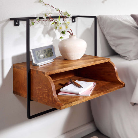 Rootz Bedside Table - Wall Mounted - Nightstand with Shelf - Floating Wall Board for Box Spring Bed - Hanging Wall Console - Solid Mango Wood - 44x45x35 cm
