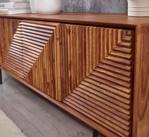 Rootz TV Stand - Lowboard - TV Dresser with Four Doors - Modern TV Cabinet - Living Room TV Stand - Solid Sheesham Wood -140x54x33 cm