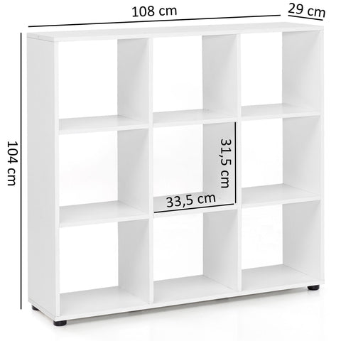 Rootz Bookcase - White - Modern Freestanding Wooden Shelf with 9 Compartments - Divider Cube Shelf for Open Storage - 108 x 104 x 29 cm