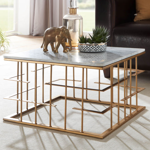 Rootz Coffee Table - Gold Metal - Modern Design - Small Square Living Room Table - White Marble - 55x55x35 cm