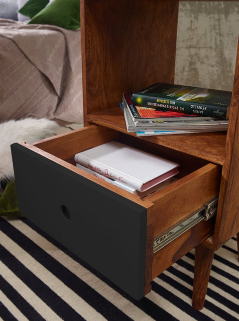 Rootz Nightstand -  Retro - Sheesham Wood - Dark Brown/Black - Design Nightstand - Large Bedside Table - 40x35x70 cm