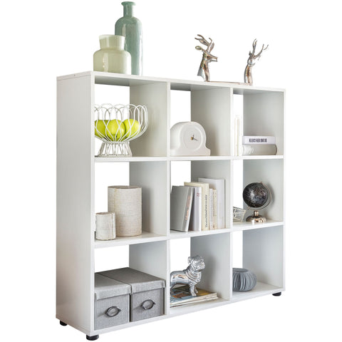 Rootz Bookcase - White - Modern Freestanding Wooden Shelf with 9 Compartments - Divider Cube Shelf for Open Storage - 108 x 104 x 29 cm