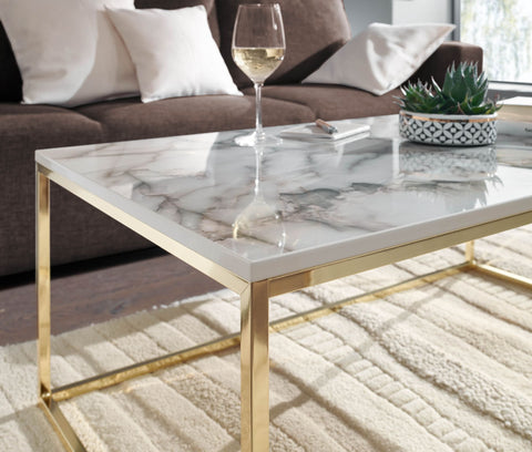 Rootz Coffee Table - Metal Frame Living Room Table - White-Gold Marble Look - Square Sofa Side Table - 100x60x40 cm