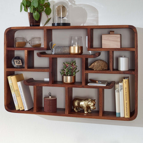 Rootz Wall Shelf - Modern Floating Hanging Shelf - Large Design for Living Room - Bookshelf Wall Mount - Solid Sheesham Wood - 30x80x10 cm