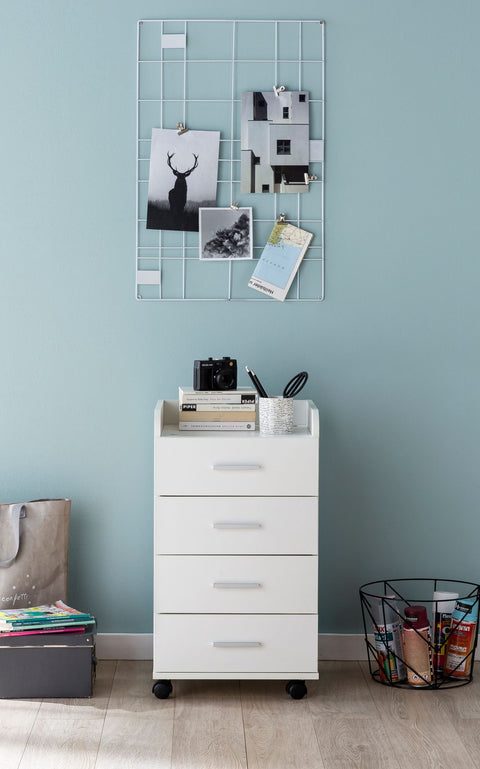 Rootz Roll Container - Contemporary Office Container - 4 Drawers with Castors - White