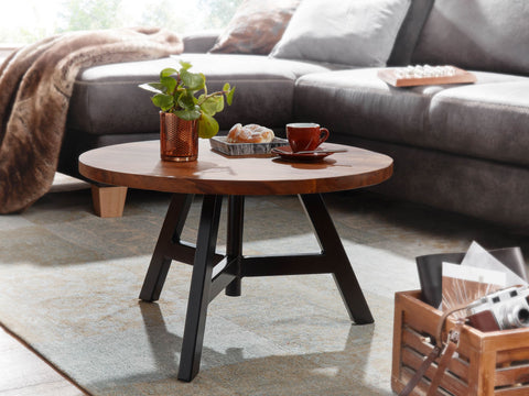 Rootz Couchtisch – Runder Couchtisch aus Metall – Design-Wohnzimmertisch – Moderner kleiner Beistelltisch – Massives Sheesham-Holz – 60 x 60 x 35 cm 