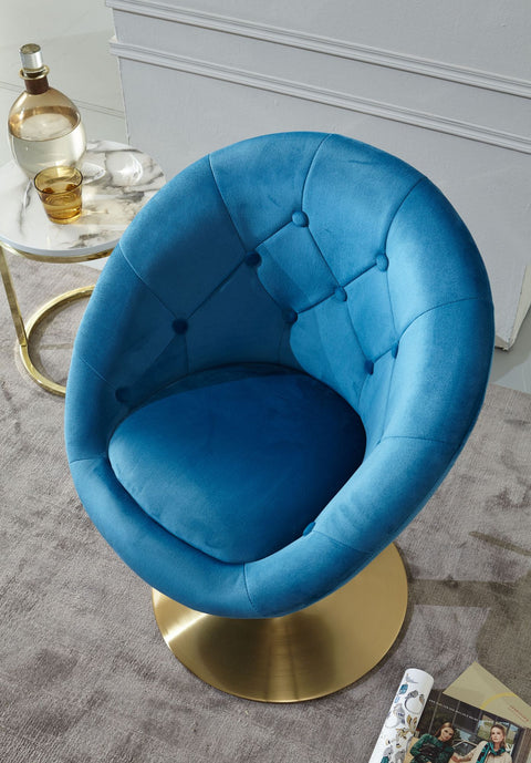 Rootz Draaistoel - Gestoffeerde Club Fauteuil met Rugleuning - Lounge Cocktail Fauteuil met Stoffen Bekleding - Blauw Fluweel en Goud Design