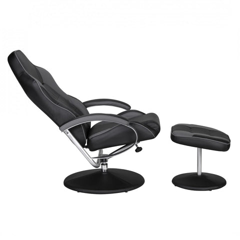 Rootz Lounge Chair – vom Rennsport inspiriertes Design aus schwarzem und grauem Kunstleder – drehbar mit Racer-Hocker 