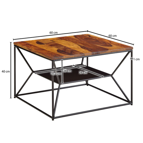 Rootz coffee table 60x60x40 cm solid sheesham wood - metal living room table - Industrial coffee table with storage - Lounge table with storage compartment - Coffee table side table Square