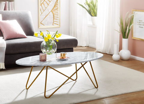 Rootz Couchtisch in weißer Marmoroptik – Wohnzimmertisch mit Metallrahmen – ovaler Loungetisch – 120 x 40 x 60 cm 