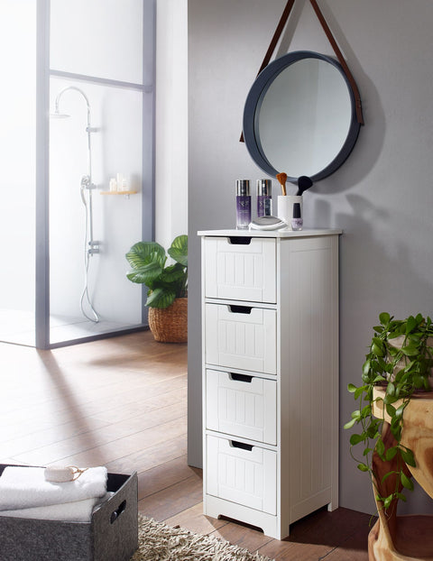 Rootz Bathroom Cabinet - Country Style - MDF Wood - White - Small Cabinet with 4 Drawers - Multi-purpose Side Cabinet - 30x83x30cm