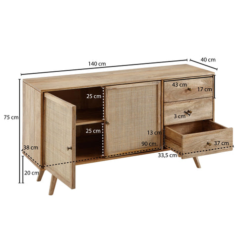 Rootz Dressoir - Ladekast met 3 Laden - Hoge Ladekast van Massief Houten - Staande Woonkamerkast - 2 Deurvakken - Massief Mangohout - 140x75x40cm