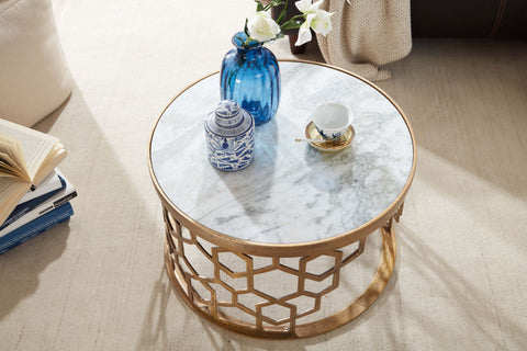 Rootz Couchtisch – Goldmetall-Design – runder Wohnzimmertisch – moderner kleiner Couchtisch – Beistelltisch für Wohnzimmer – weißer Marmor – 60 x 60 x 36 cm