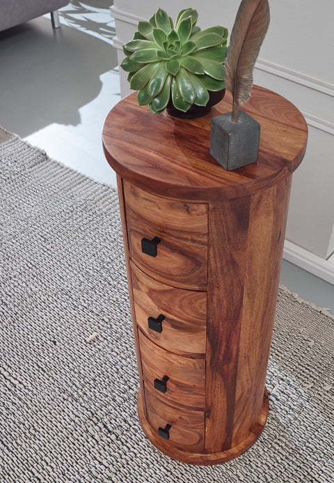 Rootz Sideboard – Schrank mit 4 Schubladen – Schmaler massiver Seitenschrank – Runde Minikommode – Palisander-Massivholz – 35 x 85 x 35 cm 