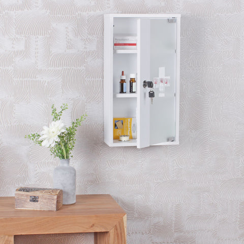 Rootz Medicine Cabinet -  White Wood - Lockable with 3 Compartments - Glass Door First Aid Cabinet with Cross - Wall-Mounted Medicine Chest -  26 x 48 x 12 cm